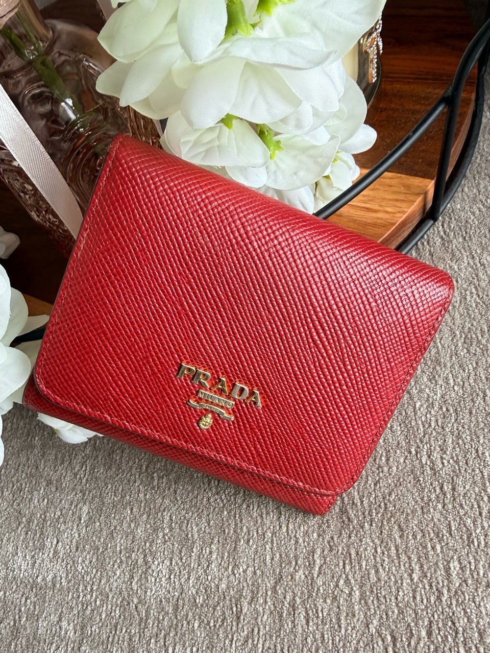 Prada Red Saffiano Compact Fold Wallet with Gold Logo Authentic